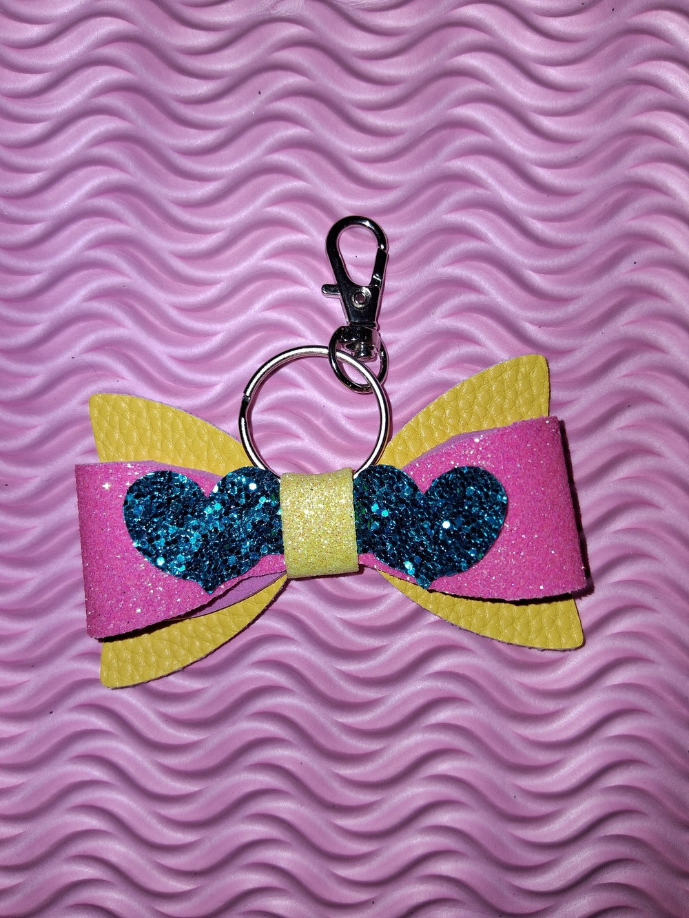 Pink & Yellow Bow Keychain with Blue Glitter Hearts